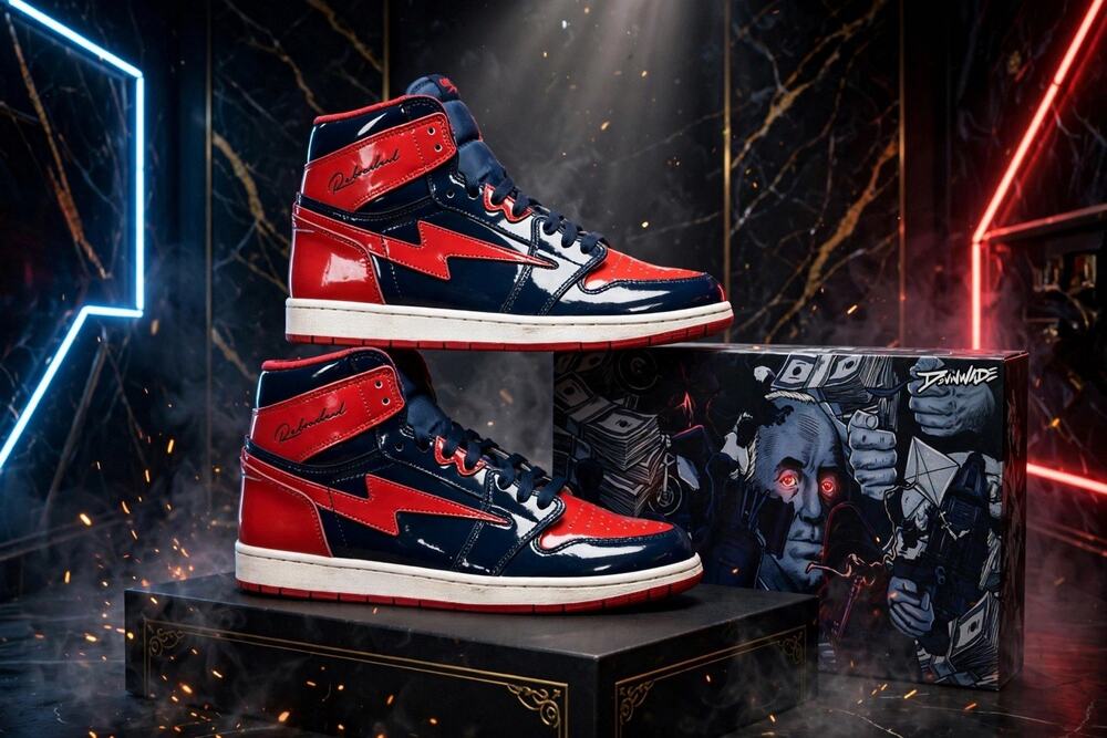 Size 10.5 - Reves Paris x OMI High Navy Red Lightning Bolt AJ1 85 Custom Box